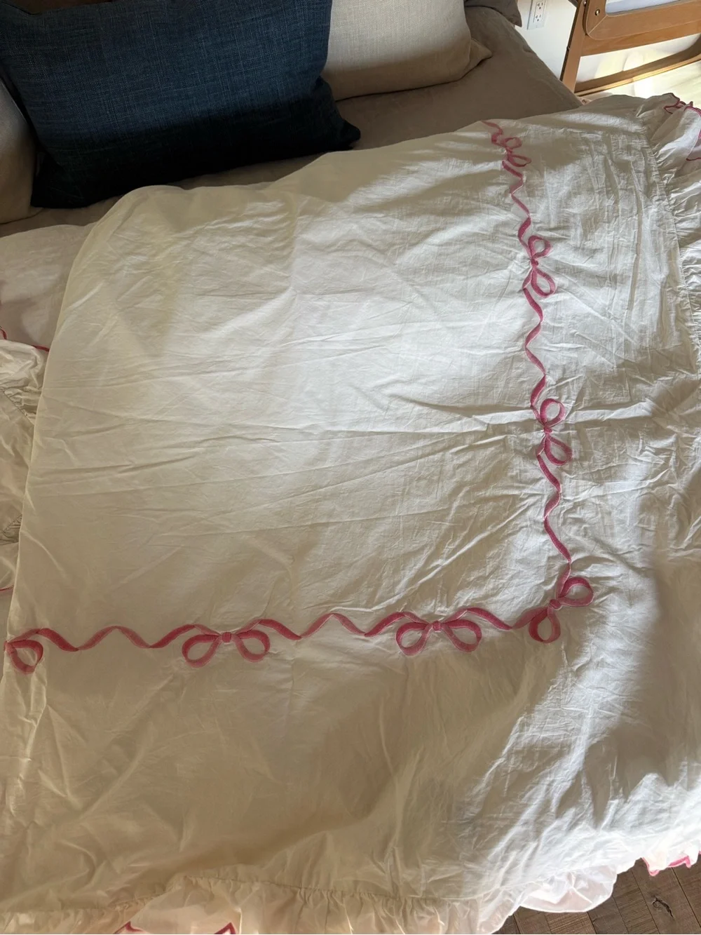 LoveShackFancy White Comforter with Pink Embroidered Ruffle Trim and Sham